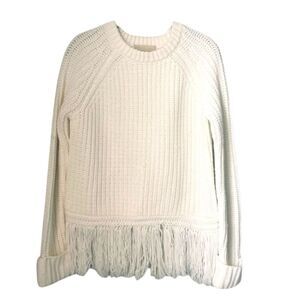 Anthropologie Moon River Fringe hem Crew neck Ribbed Knit Sweater Sz Small Ivory